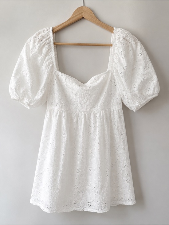 Rebellion Dresses & Skirts - White Eyelet Babydoll Mini Dress Puff Sleeve Size M